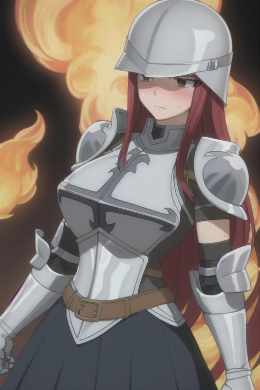 masterpiece, absurdres , (intricate details), (colorful), erza scarlet, (aroused facial expression), (closed mouth), blush, sweat, armor, breastplate, gauntlets, shoulder armor, black skirt, (steel helmet), large breasts, (simple dark background)