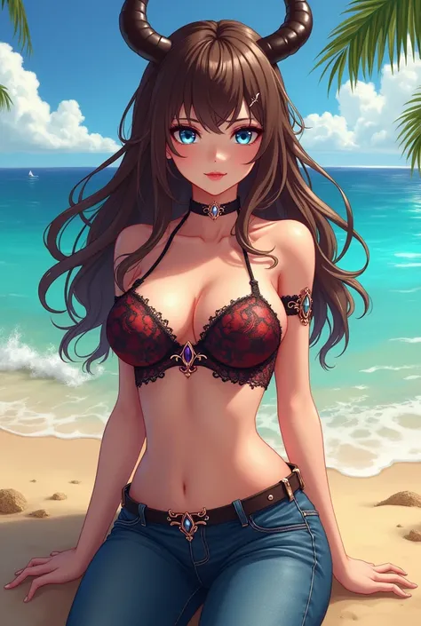 Hot anime succubus beach girl with very long brown hair, blue eyes, wearing tight jeans, wearing tight bikini.