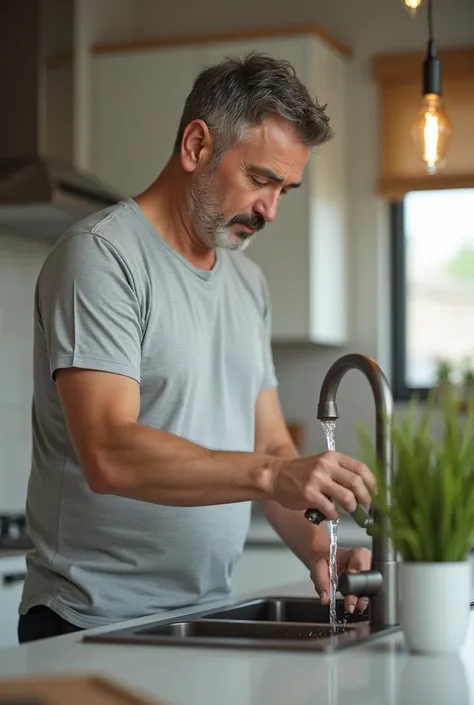 A man standing turn on yhe water tap