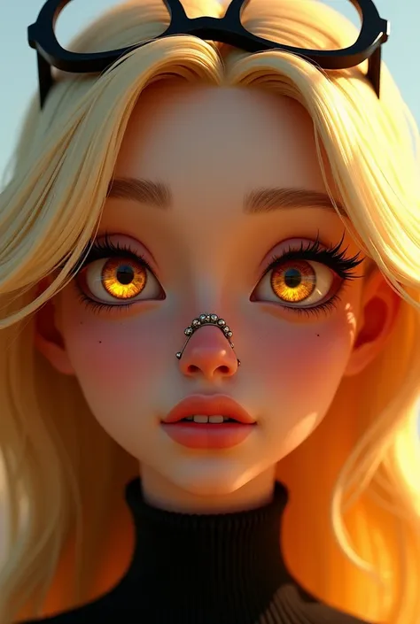 Create an animated woman with shining golden eyes, thin, upturned nose, thick lips, blonde hair and loose, with a piercing from one side of the nose to the other and glasses on the head.