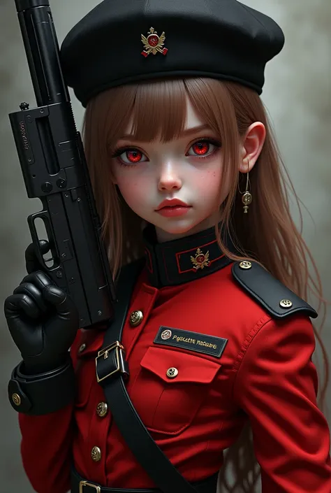 I made them wear military uniforms that were a mix of red and black.、Wearing a black beret、Draw a baby-faced girl with long chestnut hair and red eyes holding a gun based on fnscar.