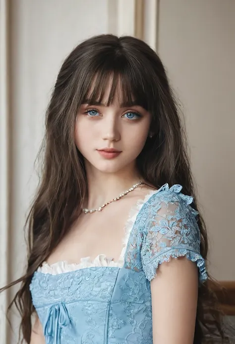 reallistic、photo-like、Detailed models、Young and beautiful model、extremely beautyful girl、soft portrait shot 8 k, gorgeous young model,Clean blue eyes、Detailed Caucasian model、solo、Slavic Caucasian、Longhaire、bangss、masuter piece、black lace dress、frilly dres...