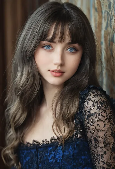 reallistic、photo-like、Detailed models、Young and beautiful model、extremely beautyful girl、soft portrait shot 8 k, gorgeous young model,Clean blue eyes、Detailed Caucasian model、solo、Slavic Caucasian、Longhaire、bangss、masuter piece、black lace dress、frilly dres...