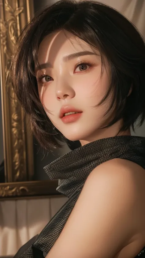 A woman in her 50s holding a mobile phone in front of a mirror, Short Hair, Soft Portrait Shot 8k, Super villain IU Lee Ji-eun, Realistic Anime 3D Style, Gweiz-style artwork, 8K Portrait Rendering, Anime realism style, 8K Art Germany Bokeh, Portraits of Ko...