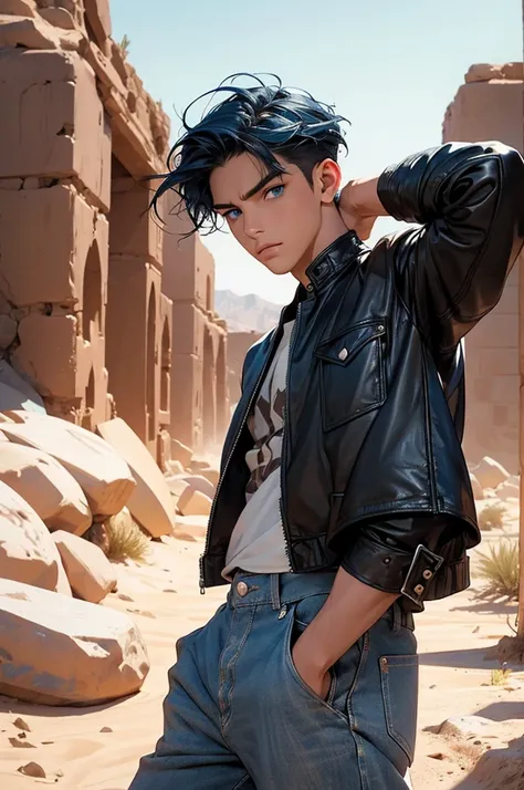 [Core Concept] A young man with striking blue eyes and hair, passionately speaking into a microphone against the backdrop of a desolate desert ruin.

[Character Description] The man has a youthful, captivating appearance, with piercing blue eyes, long eyel...