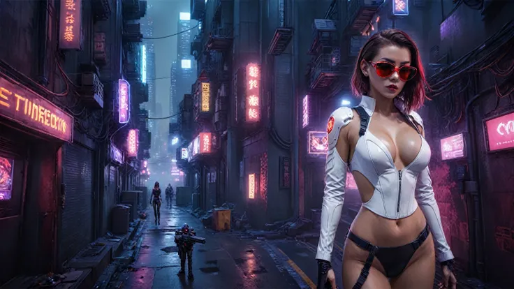 Theres a cyborg woman (8k) wearing a futuristic leotard (best quality), aerial view of a cyberpunk city alley at night, (a real monkey on her shoulder), darksynth aesthetic, red neons, haze, foggy night, ultra detailed, photorealistic, (1girl, solo, alone)...