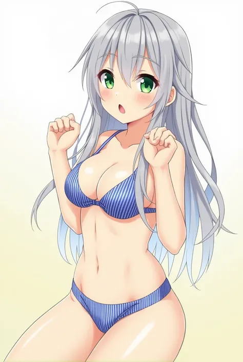 anime　Blue striped panties　Blue Striped Bra Alice　Gray Hair　Hands down　Embarrassed　Figure Green Eyes　fruit　Small breasts　Spread your legs　Leaking water
　Open your mouth　Put out the bottom　Saliva