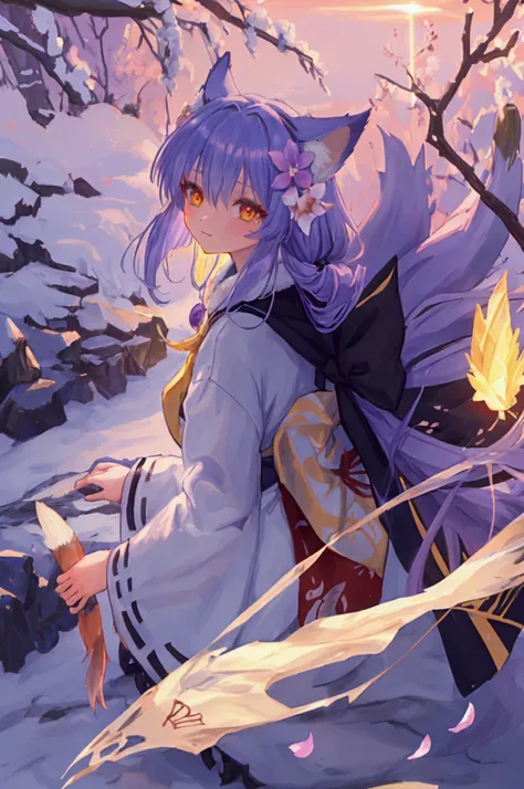 fox Light blue hair 　beast girl　indigo fur　fox beast girl　Sesshomaru, Yellow eyes, Anime, Perfect face, Perfect Lighting, Outdoors, Warm colors, Dark purple sky, Autumn sunset,  (inuyasha), Bearing Claw, Ready to fight　wave, koi fish, anime artstyle, wide ...