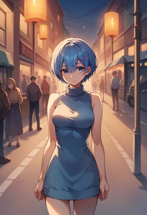 masterpiece, best quality, high resolution, rem, short hair, hair between the eyes, sweater dress, turtleneck, sleeveless, eveni...