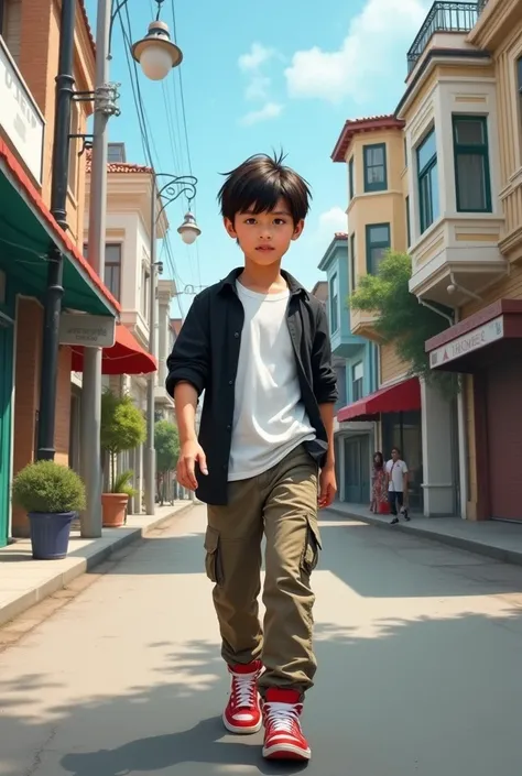 Create a photo a boy walking  in the road side the boy beside are house and shops that boy costumes ra white t-shirt black shirt cargo pant with jordans red shoes