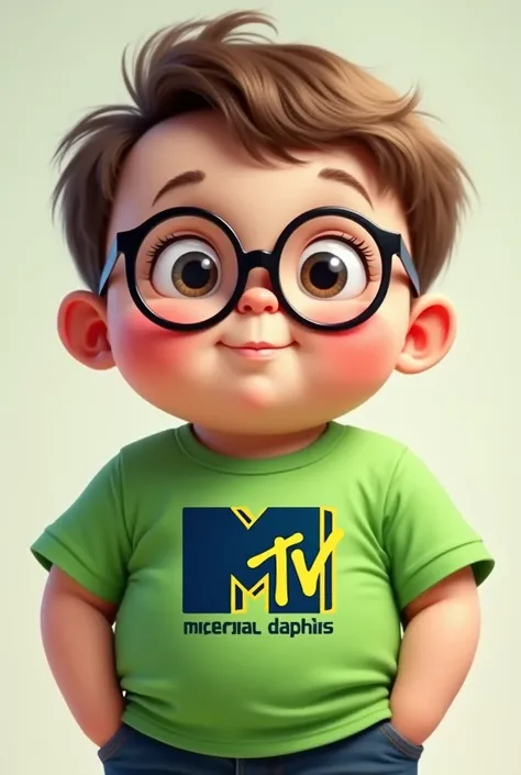 A little boy, white, With glasses, very fat and a green t-shirt that says "mtv"