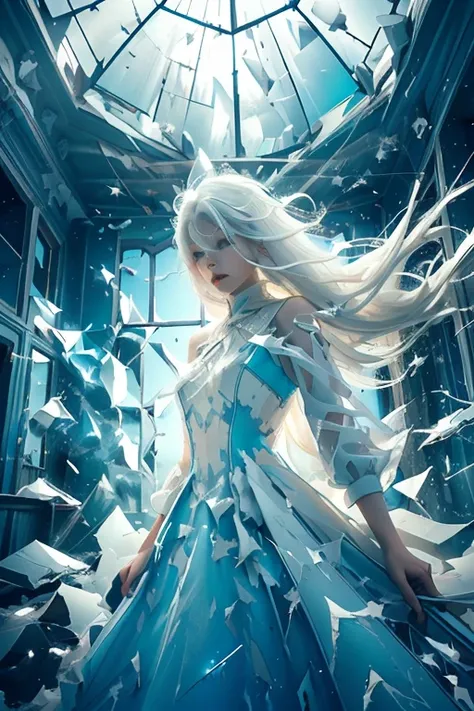 abandoned1girlsololong hair(white hair:1.4)(shard of glass:1.4)
A shot with tension(sky glows cyan,Visual impact,giving the poster a dynamic and visually striking appearance:1.2),
