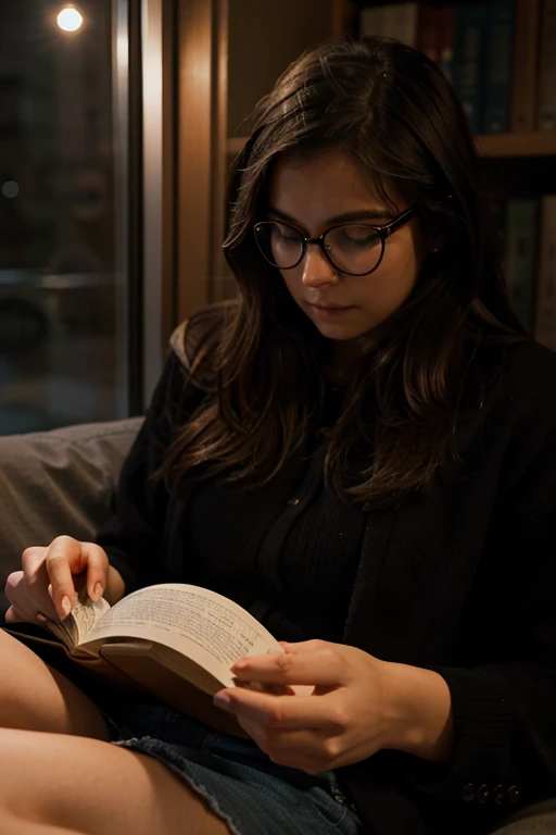 girl with glasses sitting reading a book at night while light comes out of her glasses