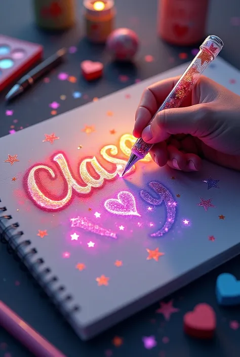 (((A mesmerizing, hyper-realistic 16K 3D illustration captures a magical moment of pure creativity. A talented artist is masterfully sketching a heartfelt message, "CLASS:y", in a notebook.))) The text is composed of vibrant, color sepia stars and hearts t...