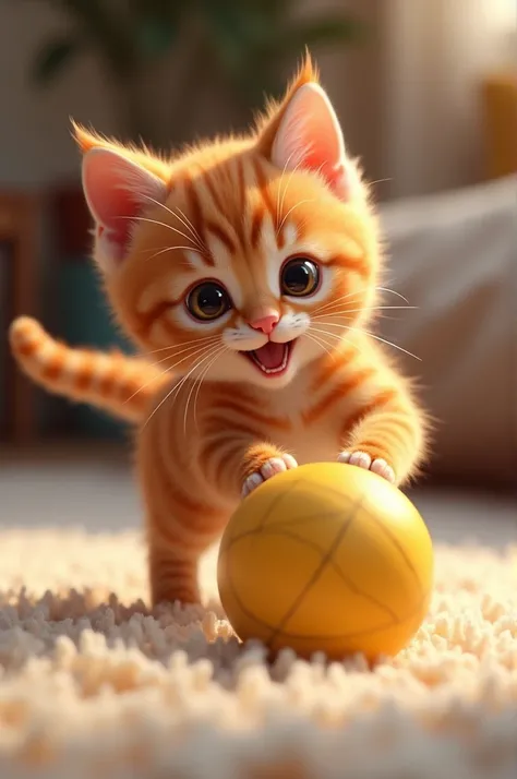 Ginger kitten playing with a ball 