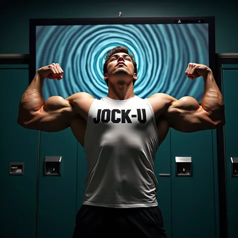 Young male college student Wearing shirt that says JOCK-U as a big dumb hyper muscular bodybuilder football jock bro flexing and staring blankly into a monitor displaying a hypnotic spiral under hypnosis in a locker room doing a double bicep flex to expose...