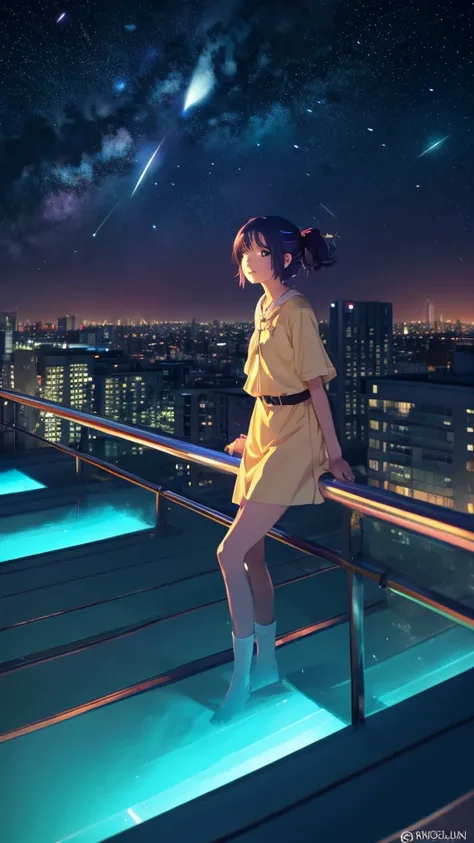 Anime girl standing on a rooftop looking at the stars and night sky, Anime Wallpaper 4k, Anime Wallpaper 4 k, 4k Anime Wallpaper, Anime Art Wallpapers 8K, anime art wallpaper 4k, anime art wallpaper 4k, Anime Style 4k, Makoto Shinkai Cyril Rolland, 4K Mang...