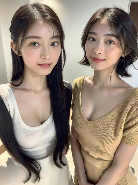 (masterpiece:1.3), (8K, Photoreal, Raw photo, best image quality: 1.4), Japanese high school girl、Similar identical twins、2 girls、(random hairstyle:1.2)、cleavage:1.2、super detail face、eye for details、double eyelid、chest to chest、sharp focus:1.2、Beautiful w...