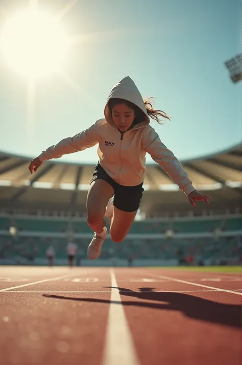 beautiful asian girl, hooded, dramatic shot, is participating in a high jump competition, angle from below as he is jumping, there is beautiful sunshine, perfect, magic shot, professional shot, use expensive canon camera