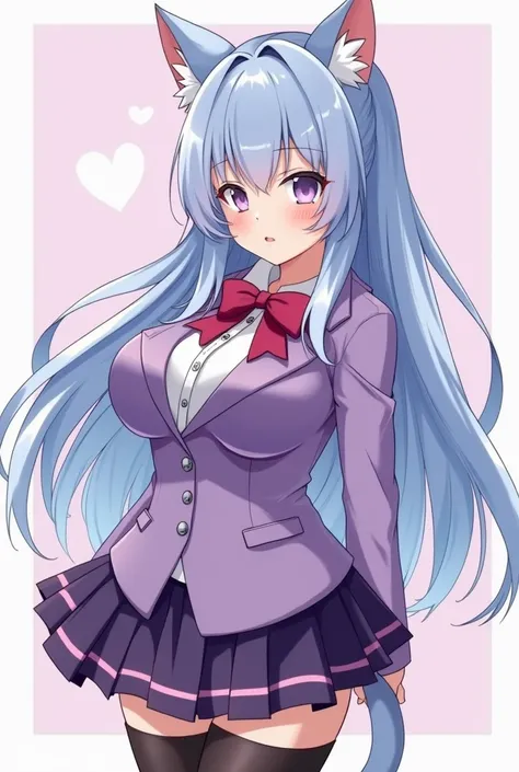 A purple and light blue anime style cat girl in school clothes with big breasts.with long stockings, with mini skirt and wanting sex with semen