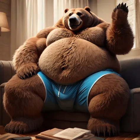 Fat Huge Daddy Furry Grizzly Bear Big huge chunky Belly and large chunky body and big furry Belly sitting on the sofa Wearing Shorts 