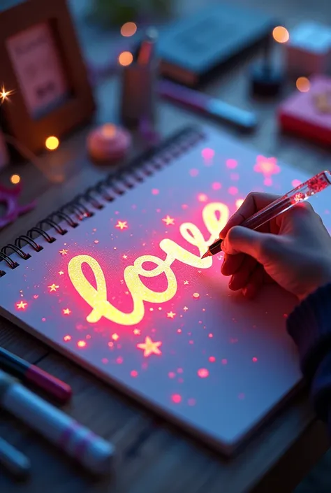 (((A mesmerizing, hyper-realistic 16K 3D illustration captures a magical moment of pure creativity. A talented artist is masterfully sketching a heartfelt message, "형서", in a notebook.))) The text is composed of vibrant, color sepia stars and hearts that s...