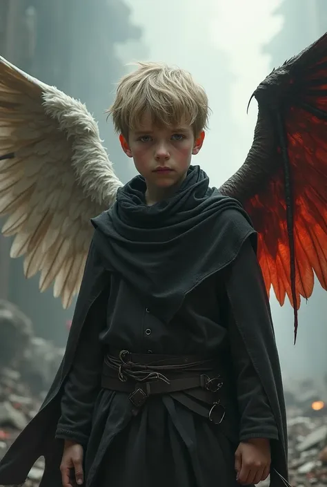 Creates an image of a 12-year-old boy with European features, sad and orphaned, thirsty for revenge for a war between angels and demons, He is possessed by a demon and a demon who seek to take over his body., He uses his powers to wipe out the 2 races, On ...