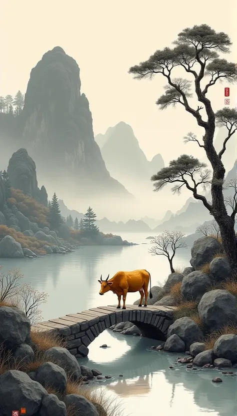 Chinese landscape painting，Ink画，Ink，Inky black，Soil，Vision，Ultra-wide viewing angle，meticulous，Diagram of a cow，A yellow cattle，riverside，Small Stone Bridge，grassland，The tree，The scenery is mountains，（8k wallpaper），（Light and shadow effects），Octane Render...