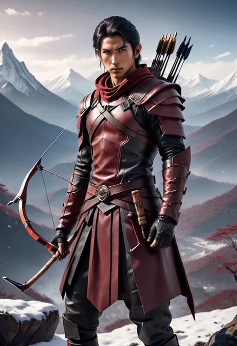 Warrior with bow and arrow wearing dark red leather skirt, mountains and snow background. A very brave and handsome cyberpunk archer, male warrior, warrior style figure design, is holding a wooden bow, Japanese warrior.