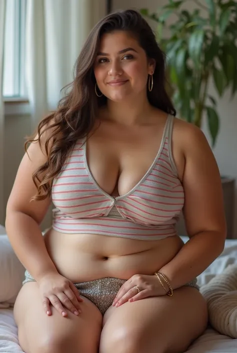 same woman much fatter, very fat, sitting, in a swimsuit