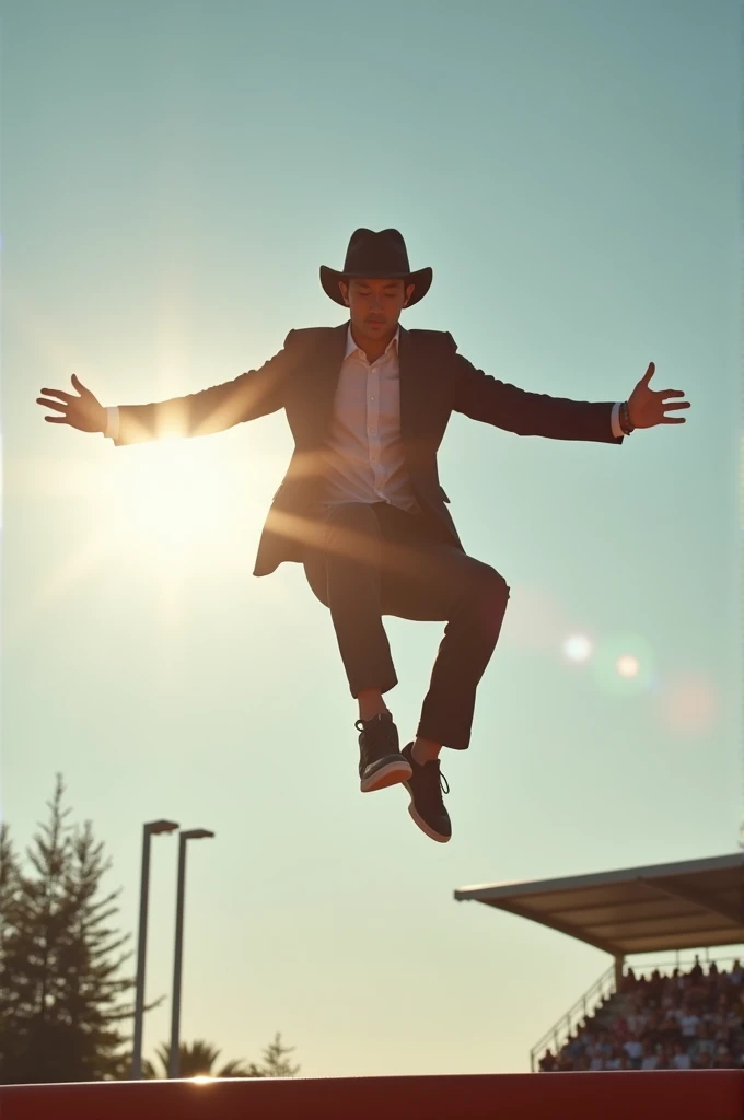 stylish asian man, wearing a hat, dramatic shot, is participating in a high jump competition, angle from below as he is jumping, there is beautiful sunshine, perfect, magic shot, professional shot, use expensive canon camera