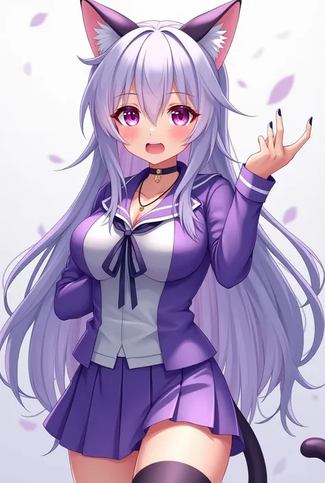 A purple and light blue anime style cat girl in school clothes with big breasts.with long stockings, with mini skirt, wanting sex with semen and with semen in the mouth