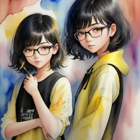 (​masterpiece)、(top-quality:1.1)、(ultra-detailliert)、Best Illustration、detaile、(watercolor paiting:1.4)、(handdraw:1.2)、(Watercolor Brush Hair)、cute girl in, Short hair. 1 girl. Asian girl. Black eyes. Glasses. Her hair is long with yellow and black highlig...