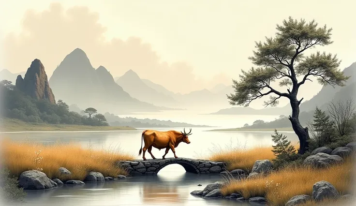 Chinese landscape painting，Ink画，Ink，Inky black，Soil，Vision，Ultra-wide viewing angle，meticulous，Diagram of a cow，A yellow cattle，riverside，Small Stone Bridge，grassland，The tree，The scenery is mountains，（8k wallpaper），（Light and shadow effects），Octane Render...