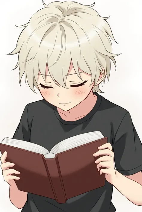 Can you draw a boy He has cream-colored hair (not pure white, but a soft cream). He is wearing a black shirt and is engrossed in reading a book. He has a calm and focused expression.
