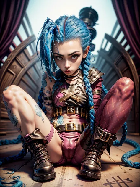 ((Jinx wears a Harajuku Tech costume), tousled hair, ( atmosphere:1.2), laying down, spread legs, leather boots, pantyhose