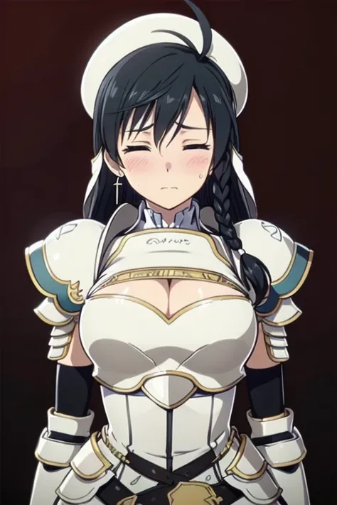 Sonia Blanche, cross earrings, hair ornament, veil, armored dress, pauldrons, breastplate, gauntlets, belt, skirt, greaves, (white beret), 1girl, solo, upper body, big breasts, facing viewer, looking at viewer, (aroused facial expression), closed eyes, blu...