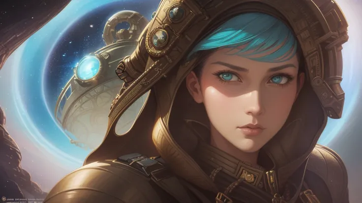 a closeup of a woman with a helmet and a science fiction, boris vallejo y tom bagshaw, prophet graphic novel, cosmic artifacts, inspired by Earl Norem, deep sleep, Awarded at CGsociety, She looks a bit like Amy Adams.., steampunk turquoise gold, Year 2070 ...