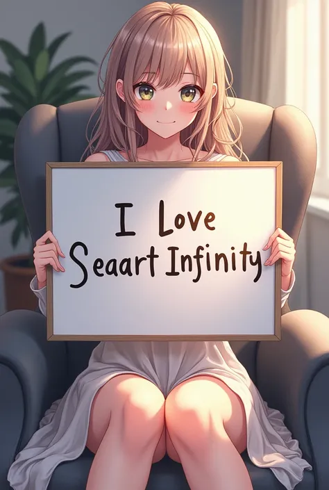 Beautiful girl with wavy long hair, bohemian dress, holding a white board with text "I Love Seaart Infinity" and showing it to the viewer uma  de anime sentada na cadeira sem roupa com a perna aberta