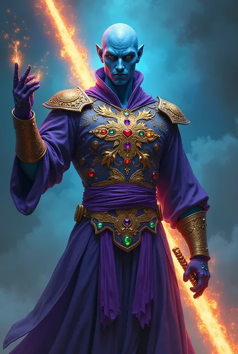 Ninja com roupa purple , showing the Arcturian face , with sword of fire , gold armour, couraça no peito cerulean cheia de pedras preciosas verde,rot, purple,cerulean,yellow.
Greva cerulean.