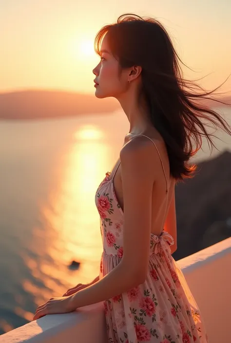 (Highest quality), (Realistic:1.4), ((A realistic image of a beautiful Japanese girl looking out over the Aegean Sea at sunset)), Wearing a floral sundress、The calm Aegean Sea sparkling in the sunset, There is a serene expression on her beautiful face, In ...