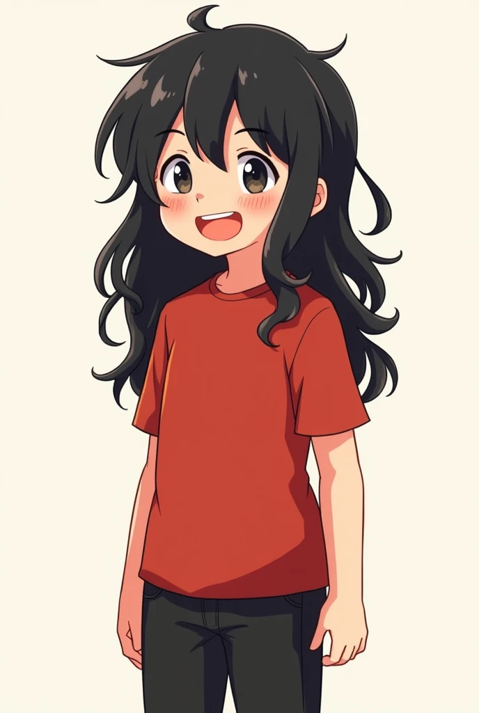 Can you draw a smiling lovingly BOY He is tall with long black hair and wearing a red shirt and black pants. His smile is warm and affectionate.
