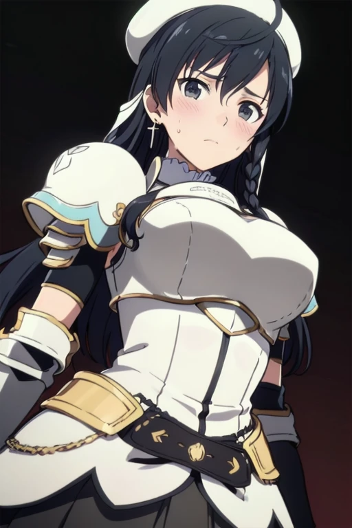 Sonia Blanche, cross earrings, hair ornament, veil, armored dress, pauldrons, breastplate, gauntlets, belt, skirt, greaves, (white beret), 1girl, solo, upper body, big breasts, facing viewer, looking at viewer, (aroused facial expression), blush, sweat, (s...