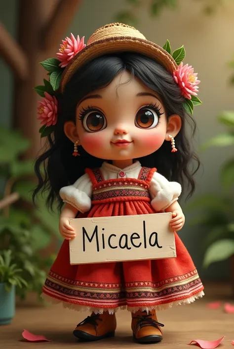 Create an image of a little doll wearing Michoacán clothing while holding a sign with the name "Micaela"  I&#39;m looking for something tender to look at 