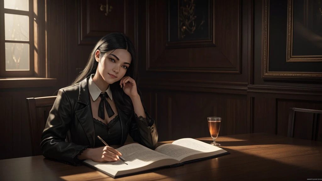 A sophisticated gothic-inspired home office with dark wood paneling, dramatic lighting, and old details --v 5, delicate hand, smiling, eyes black,Hard eyebrows, view 35 mm, 真实感, octane rendering, 8k, trends on ArtStation, 35mm camera, engine unreal, hyper ...