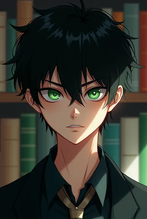 Black-haired boy with white skin, Her eyes are green, He looks like he could kill you, egocentric and sarcastic. attractive and pretty. He is eighteen years old. digital illustration of books. 