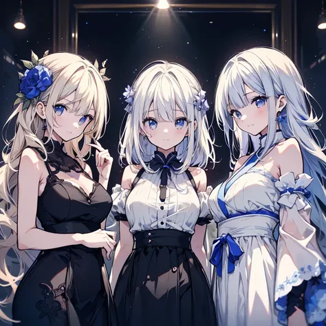 3 girls、A good friend、Idol Group、Three Sisters、Mature、Ample breasts、White Hair、黒いドレvinegar、Alluring、Shoulder Bare、ミニvinegarカ、vinegar、Night view、vinegarポットライト、looking at the camera、cool、Hold shoulders、Huddle together、バvinegarトアップ視点、High resolution、Highest q...