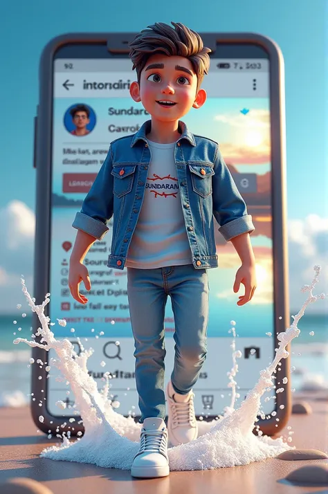 Create a 3D illustration of realistic teenage boy character walk out from social media. The character must wear casual modern clothing such as jeans jacket “(SUNDARAM)” name on it, and sneakers, splash colours water effect.The background is INSTAGRAM profi...