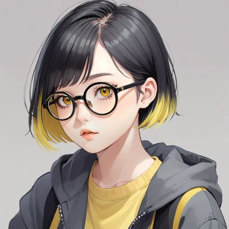 wartercolor, pastelcolor, Short hair. 1 girl. Asian girl. Black eyes. Glasses. Her hair is long with yellow and black highlights，wear glasses，black and yellow hair