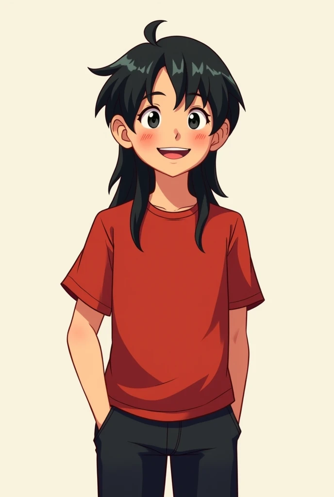 Can you draw a smiling lovingly BOY FROM 18 YEARS He is tall with long black hair and wearing a red shirt and black pants. His smile is warm and affectionate.
